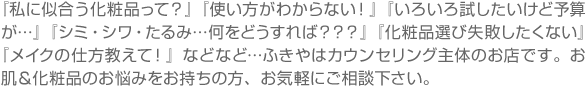 「私に似合う化粧品て？」［使い方がわからない！」「いろいろ試したいけど予算が…」「シミ・シワ・たるみ…何をどうすれば？？？」化粧品選び失敗したくない」「メイクの仕方おしえて！」などなど…ふきやはカウンセリング主体のお店です。
お肌＆化粧品のお悩みをお持ちの方、お気軽にご相談下さい。